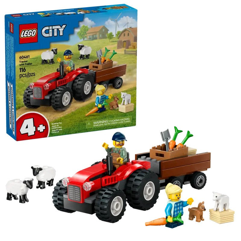 Red Farm Tractor with Trailer