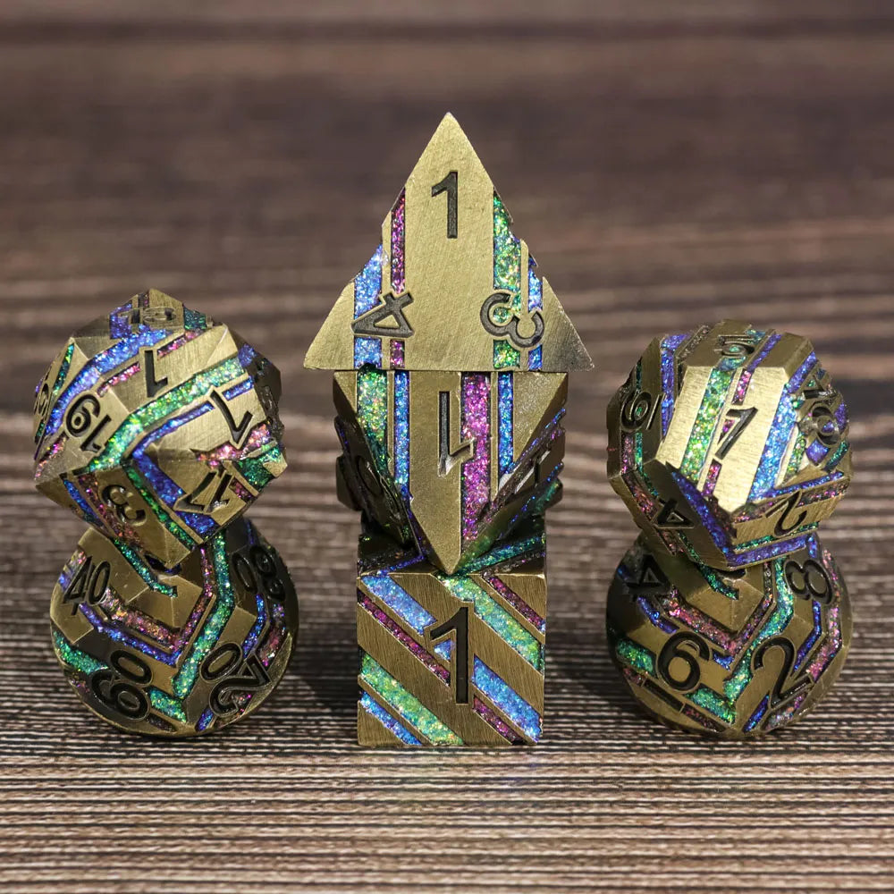 gold dice with blue/purple/green lines