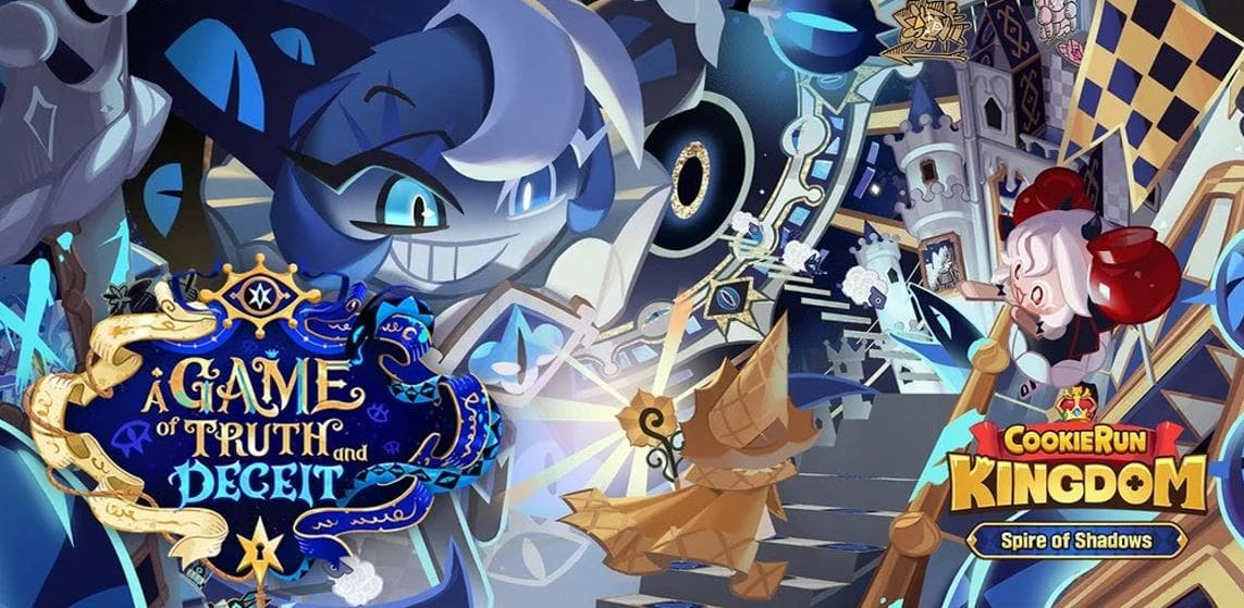 Collage of characters and logos from 'Cookie Run Kingdom' with a focus on 'A Game of Truth and Deceit'.