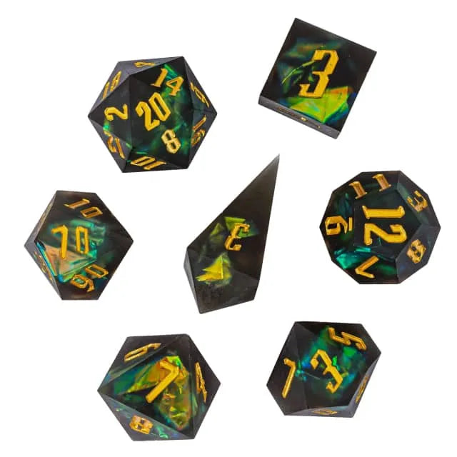 7pc Frosted Dice Black & Green Dice