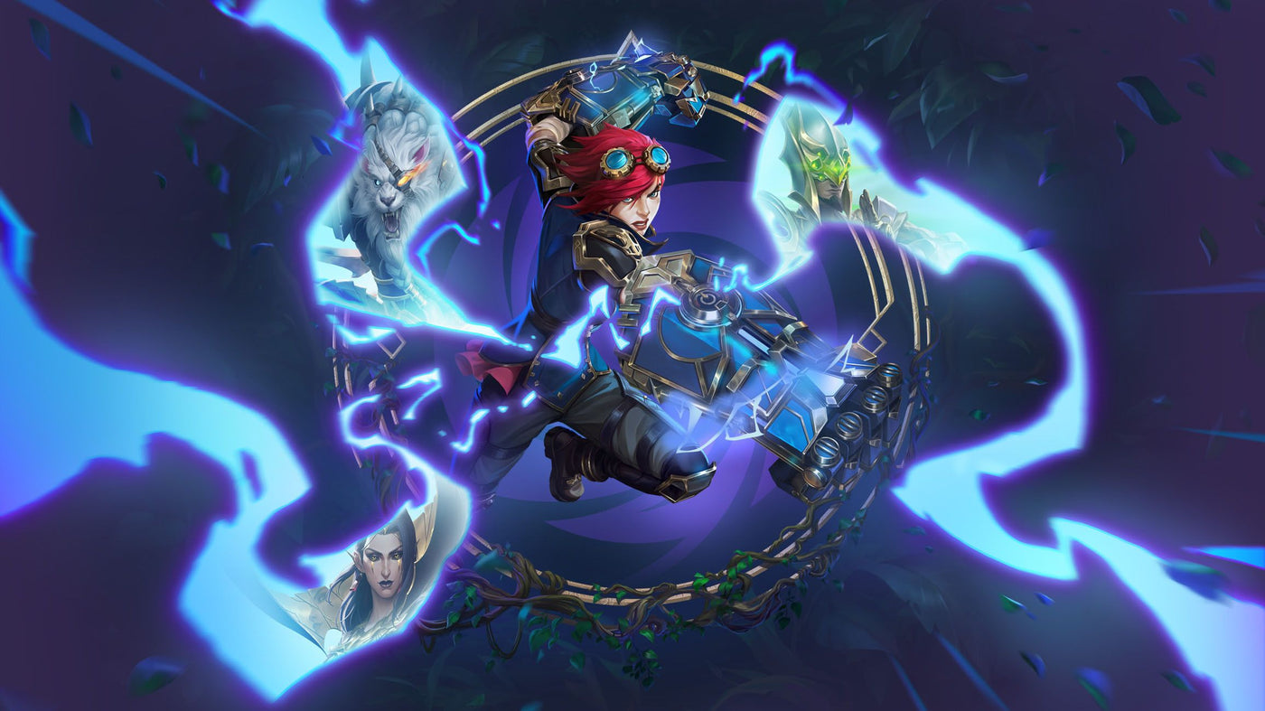 Animated character with a futuristic design surrounded by glowing blue energy effects on a dark background.