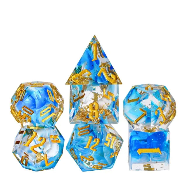 Blue/White Swirl Gold Foil 7pc Dice