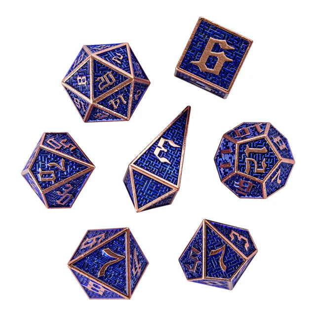 7pc Blue Gold Maze Metal Dice