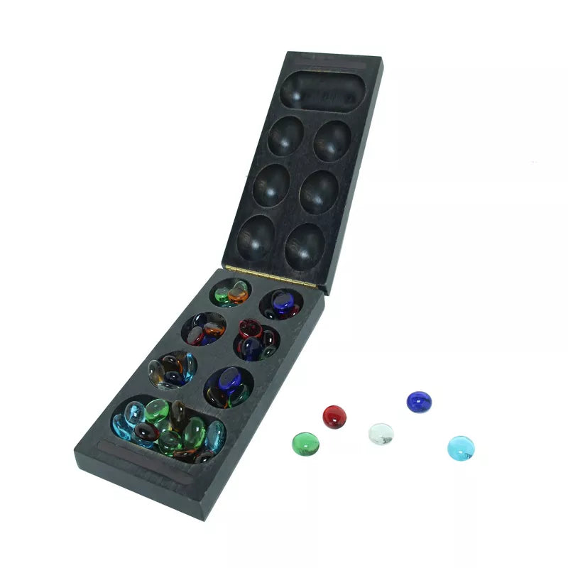Folding Mancala Game - Dark Stained Wood & Glass Stones